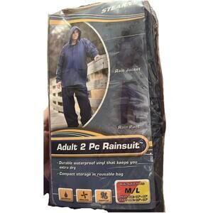 STEARNS ADULT 2 PIECE RAINSUIT MED/LARGE DUAL SIZE BLUE RAIN JACKET & PANTS